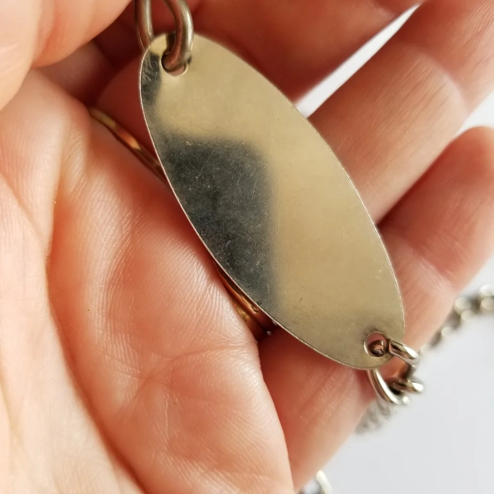 Long silver tone chain - belt or watch chain? Necklace? Engraveable plate